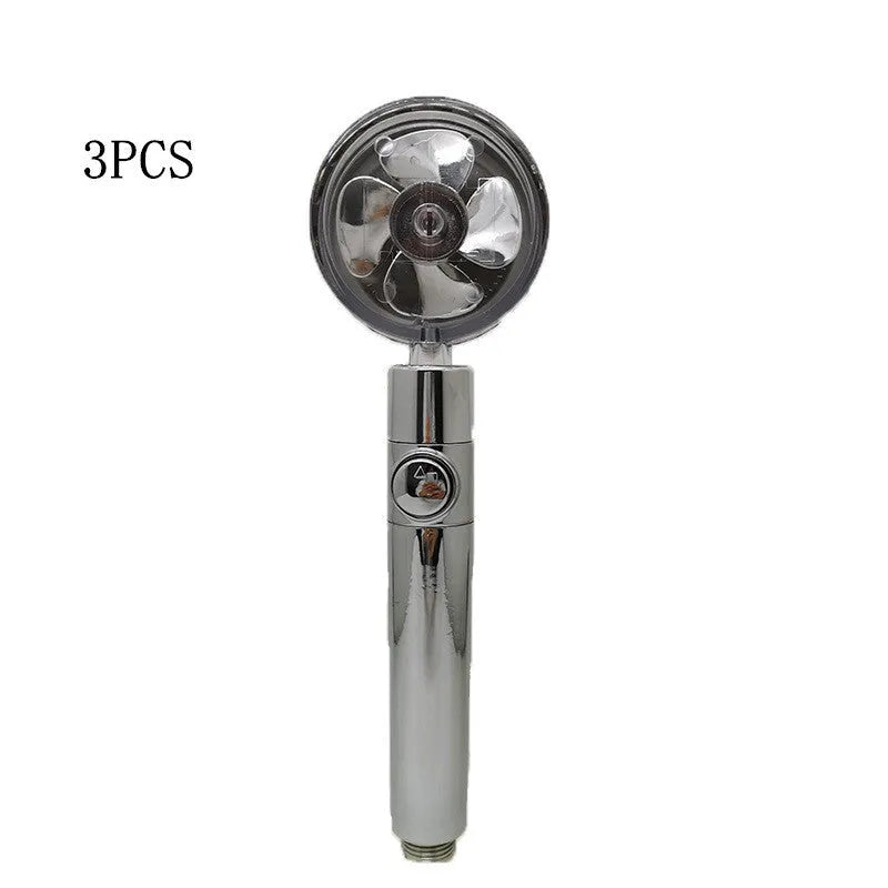 Blue handheld shower head with stop button and turbo nozzle on a chrome bracket.