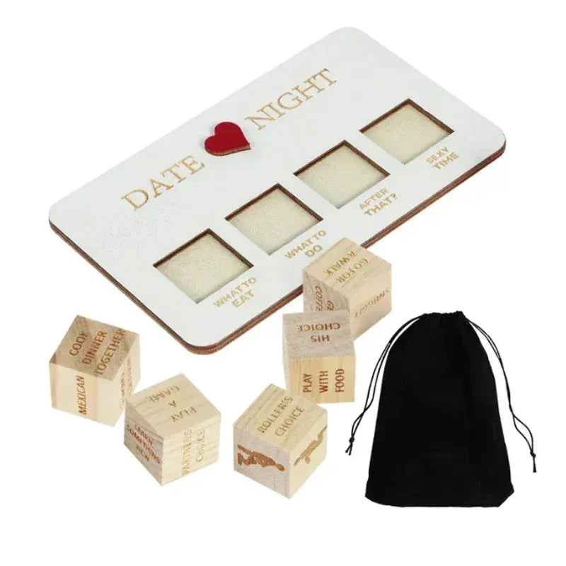 Wooden date night dice set showing five dice, date planner board, and black storage bag for couple's activities