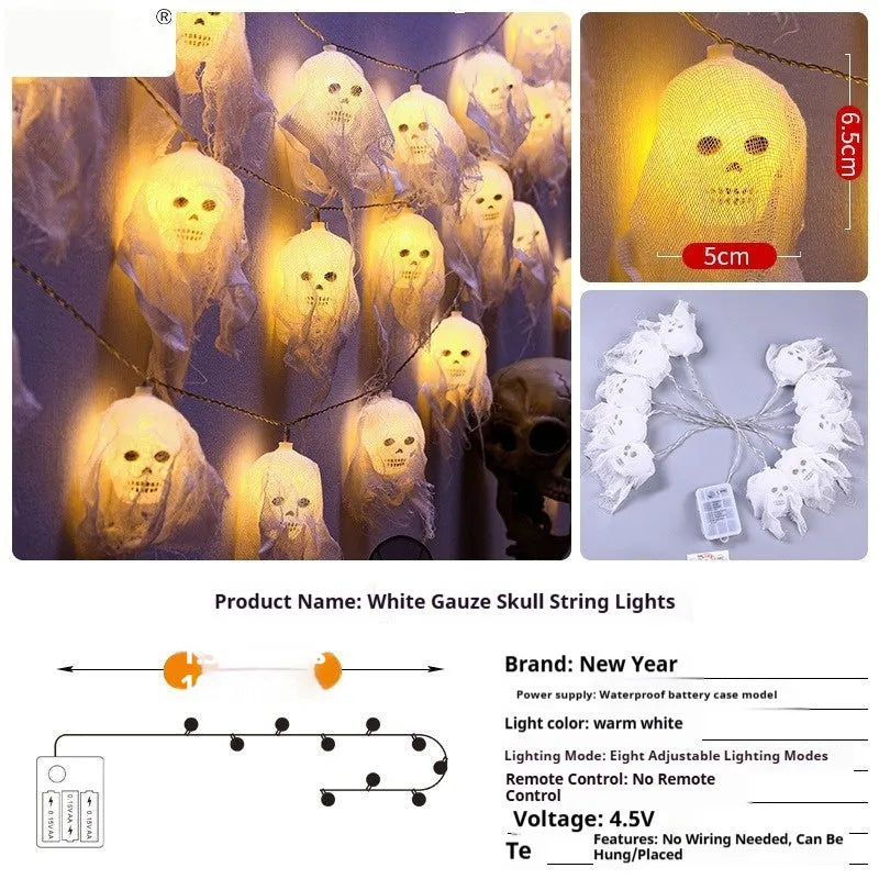 Battery-powered Halloween coloured LED string lights for indoor wall decoration.