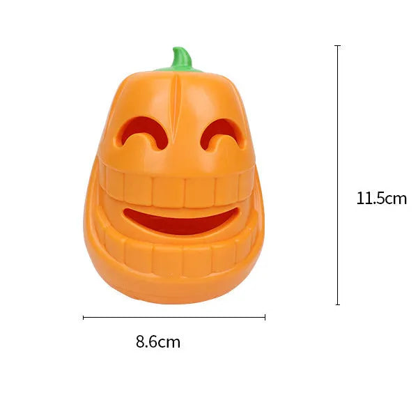 Orange Halloween pumpkin shaped rubber dog toy with a treat-dispensing funnel hole.
