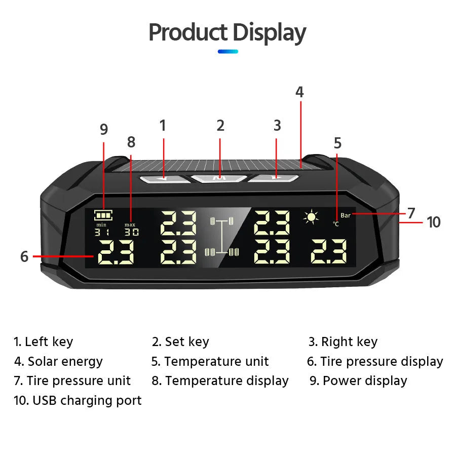 Solar tyre pressure monitor display unit with colour screen next to six external sensors for trucks.