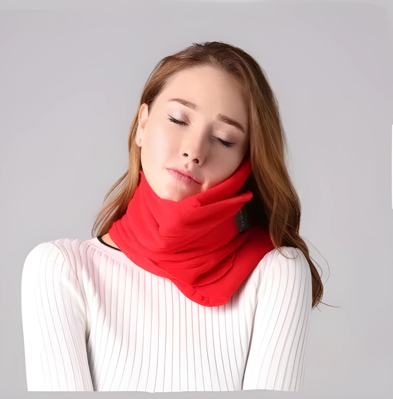 U-shaped convex neck support pillow and scarf in black, gray, navy, or red colours.
