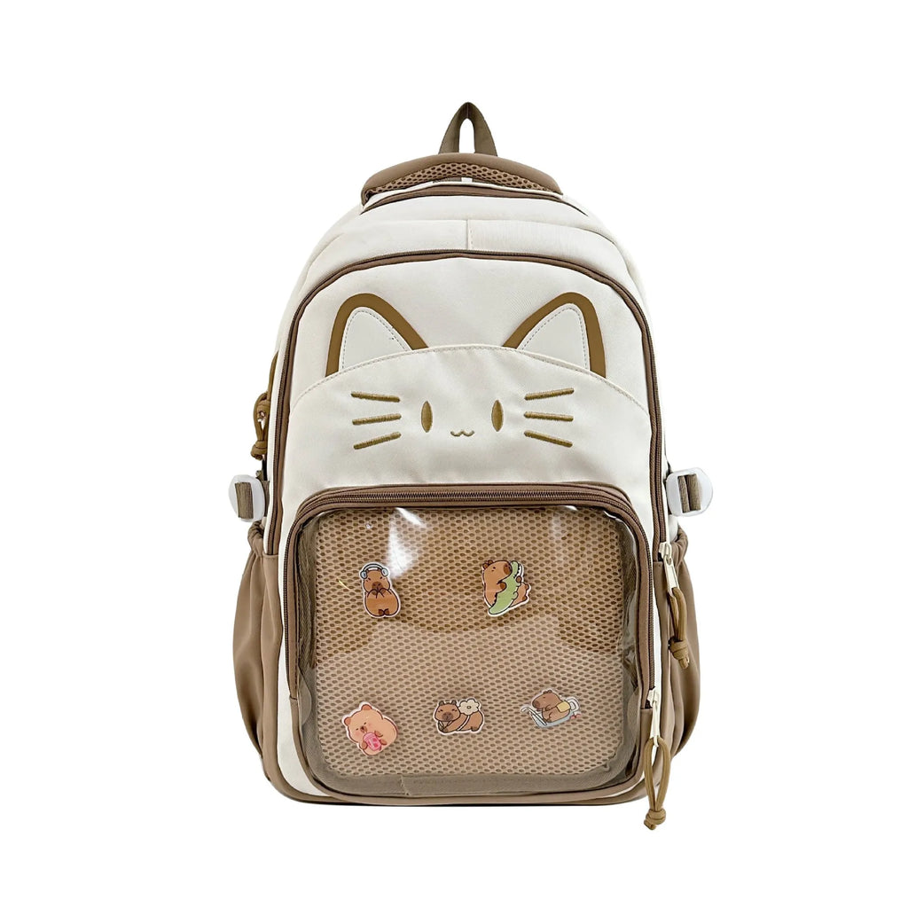 Korean cartoon design backpack with badge pendant in multiple colour options showing large capacity and curved shoulder straps