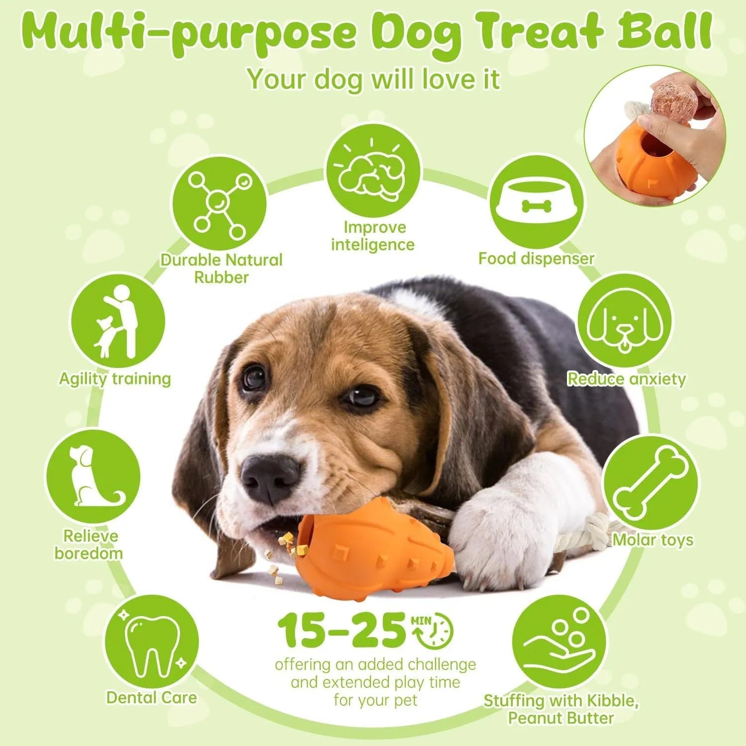 Natural rubber stuffable dog toy with long strap for fetch and treat dispensing