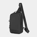 Casual black TPU camouflage chest bag with a single shoulder strap and soft handle, showing a square vertical shape and outer sandwich pocket.