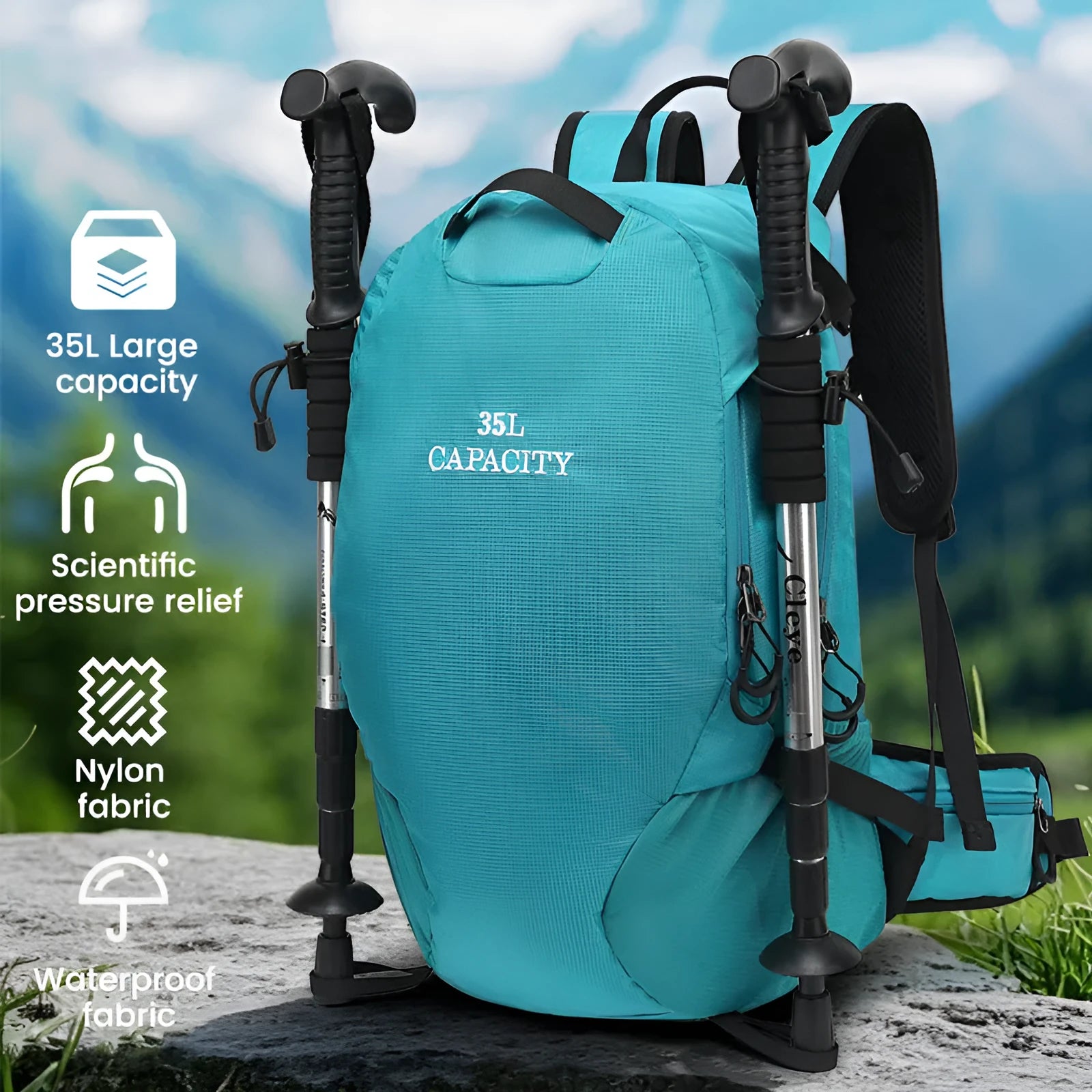 Black waterproof outdoor hiking backpack with physiological curve back plate, shown folded and unfolded.