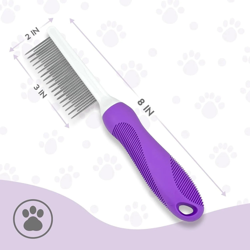 Purple pet grooming comb with stainless steel long and short teeth and an ergonomic handle.