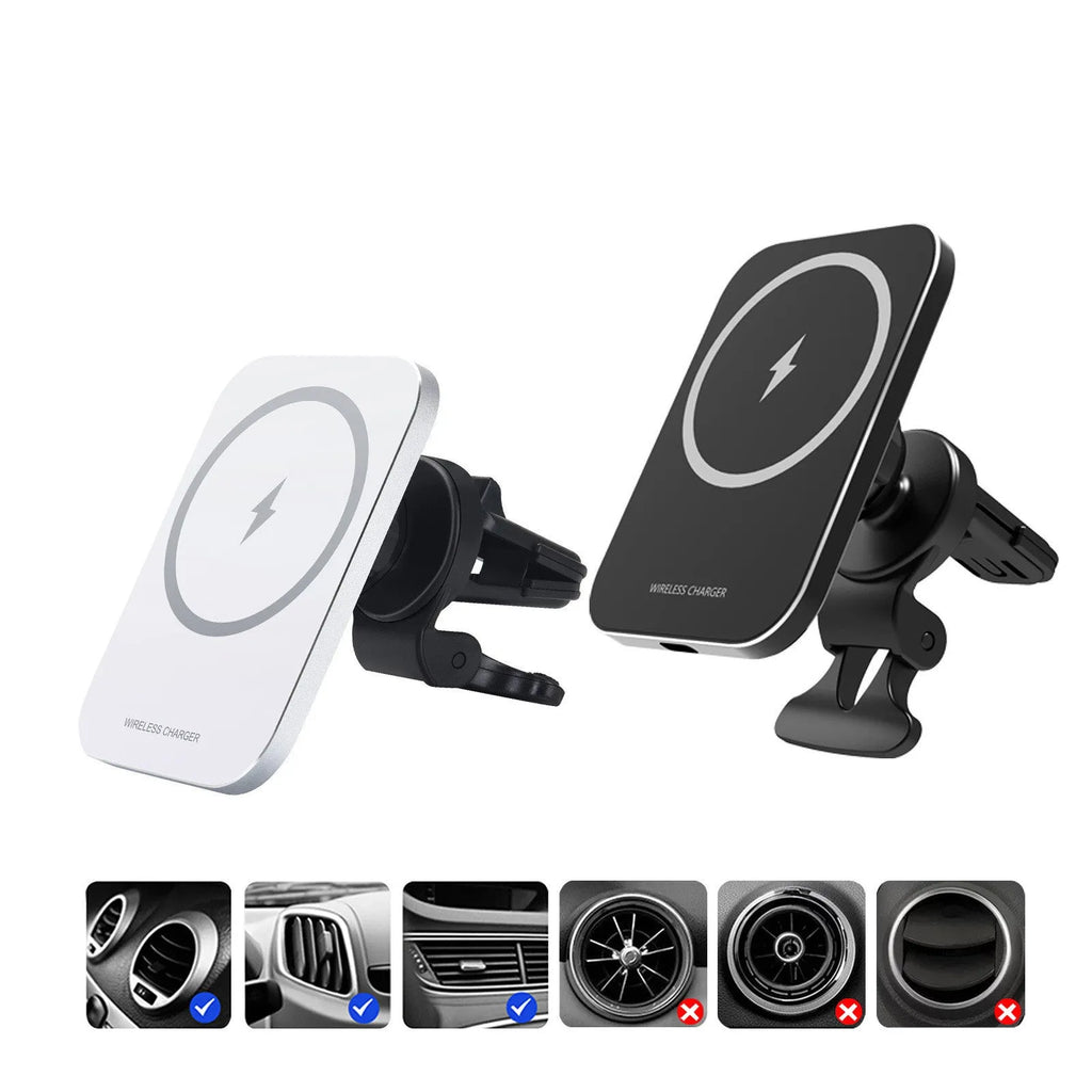 Black magnetic wireless charging car phone holder mounted with a silver iPhone.