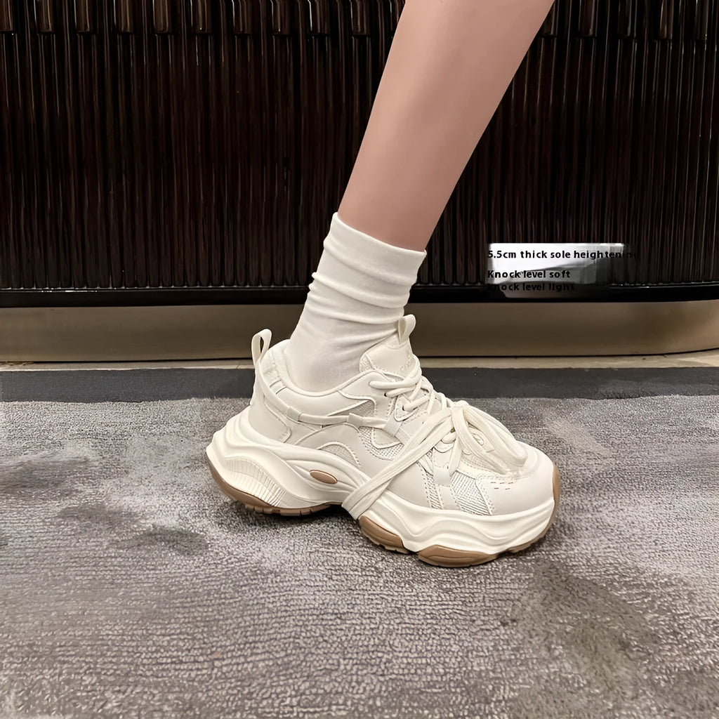 Women's milky white platform running sneakers with round toe and lace-up front