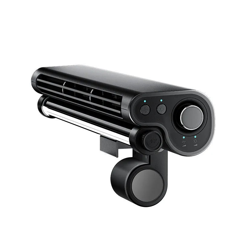 Black USB-powered bladeless fan with a screen clamp and integrated eye-protection lamp for computer desks.