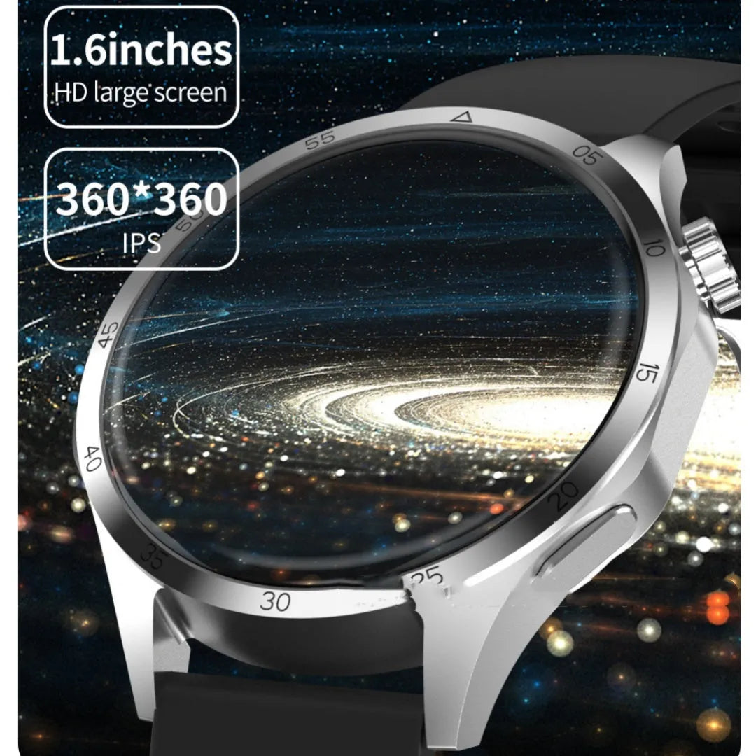 Black smartwatch with Bluetooth calling on a silicone strap, showing a TFT touch screen displaying health metrics.