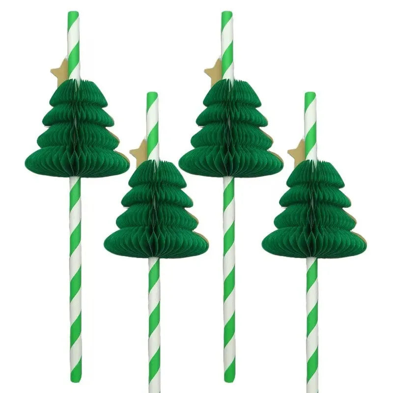 Pack of 50 paper honeycomb Christmas tree straws, each 6x197mm, with three-dimensional tree design for festive drinks