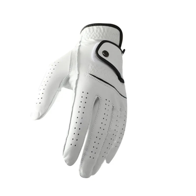 Men's white half sheepskin golf glove showing non-slip palm and casual design.