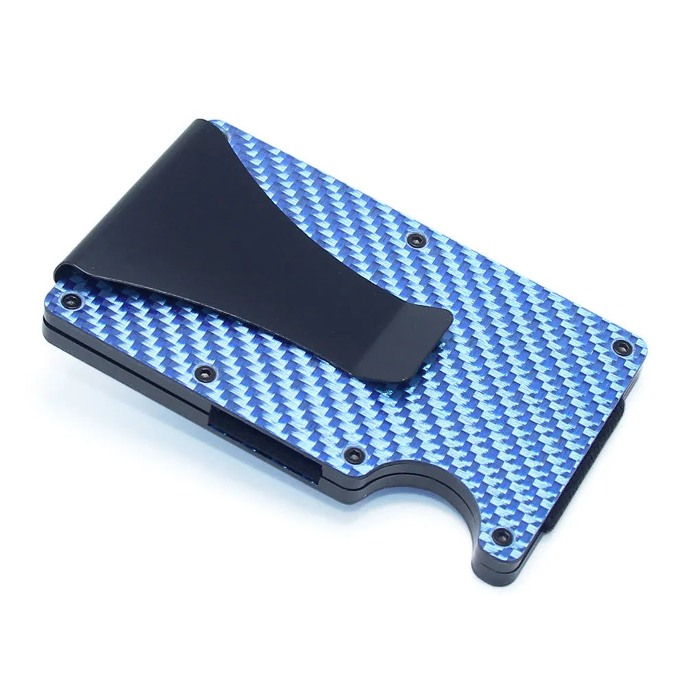 CH6600 slim geometric card holder in black carbon fibre, showing front profile and thickness.