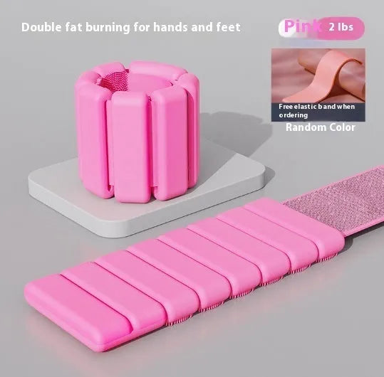 Silicone fitness bracelet with Velcro strap shown in black, blue, grey, or pink, available in 1lb or 2lb weights.