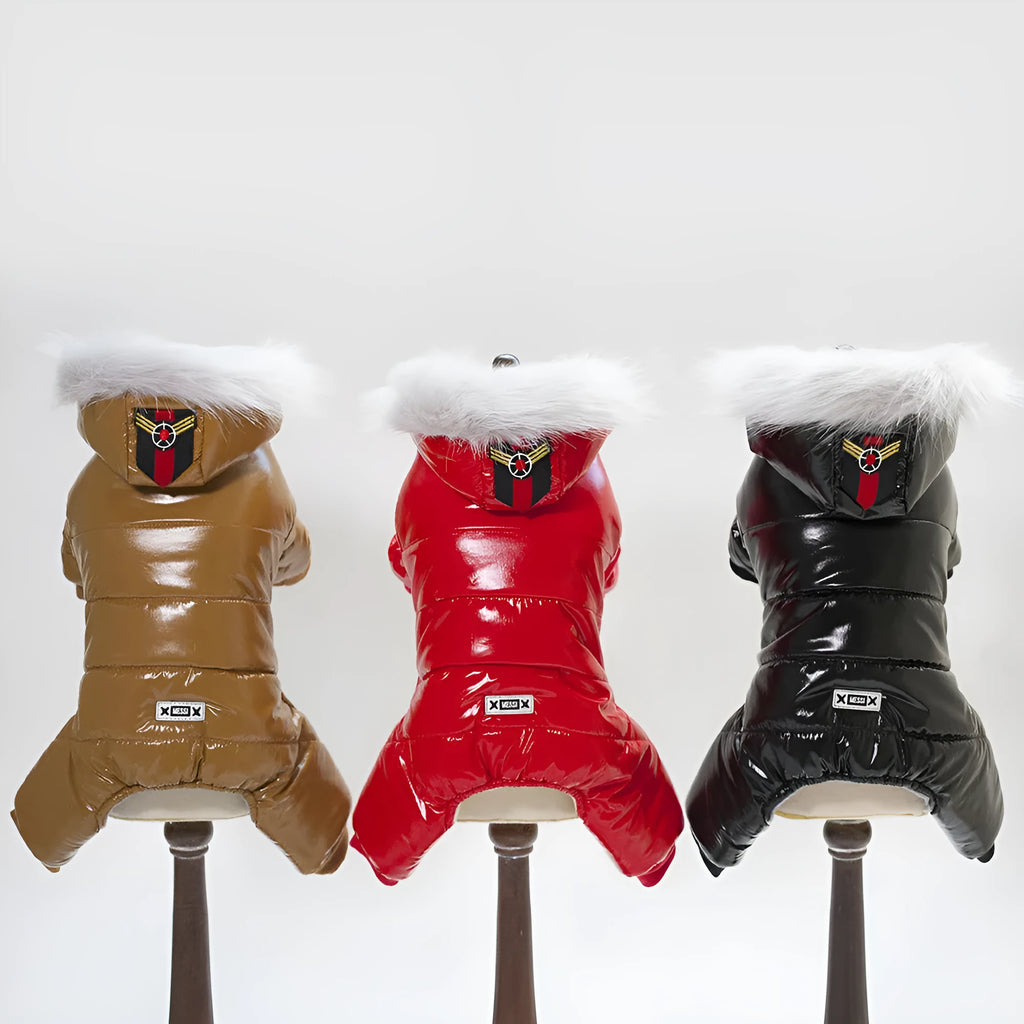 PU leather dog coat for Teddy breeds in red, black, or brown, sizes S to XXL, Europe and America style