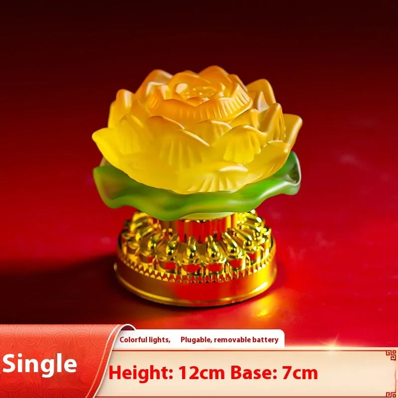 Yellow Chinese style ABS plastic lotus lamp for Buddha altar decoration, shown in bud and flowering styles.