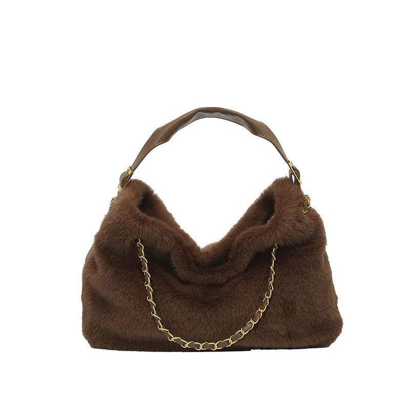 Large capacity fur shoulder messenger bag for women, plush material, horizontal square shape, chain and stitching details, apricot colour