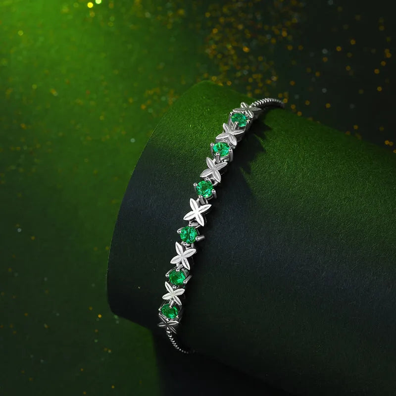 925 silver bracelet with round emerald in diamond cut, 3.0mm width, fresh women's style