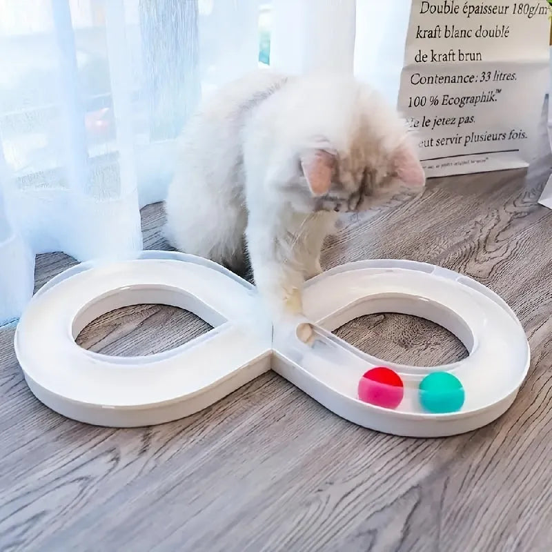 Blue and white cat turntable track toy with ball and teasing stick