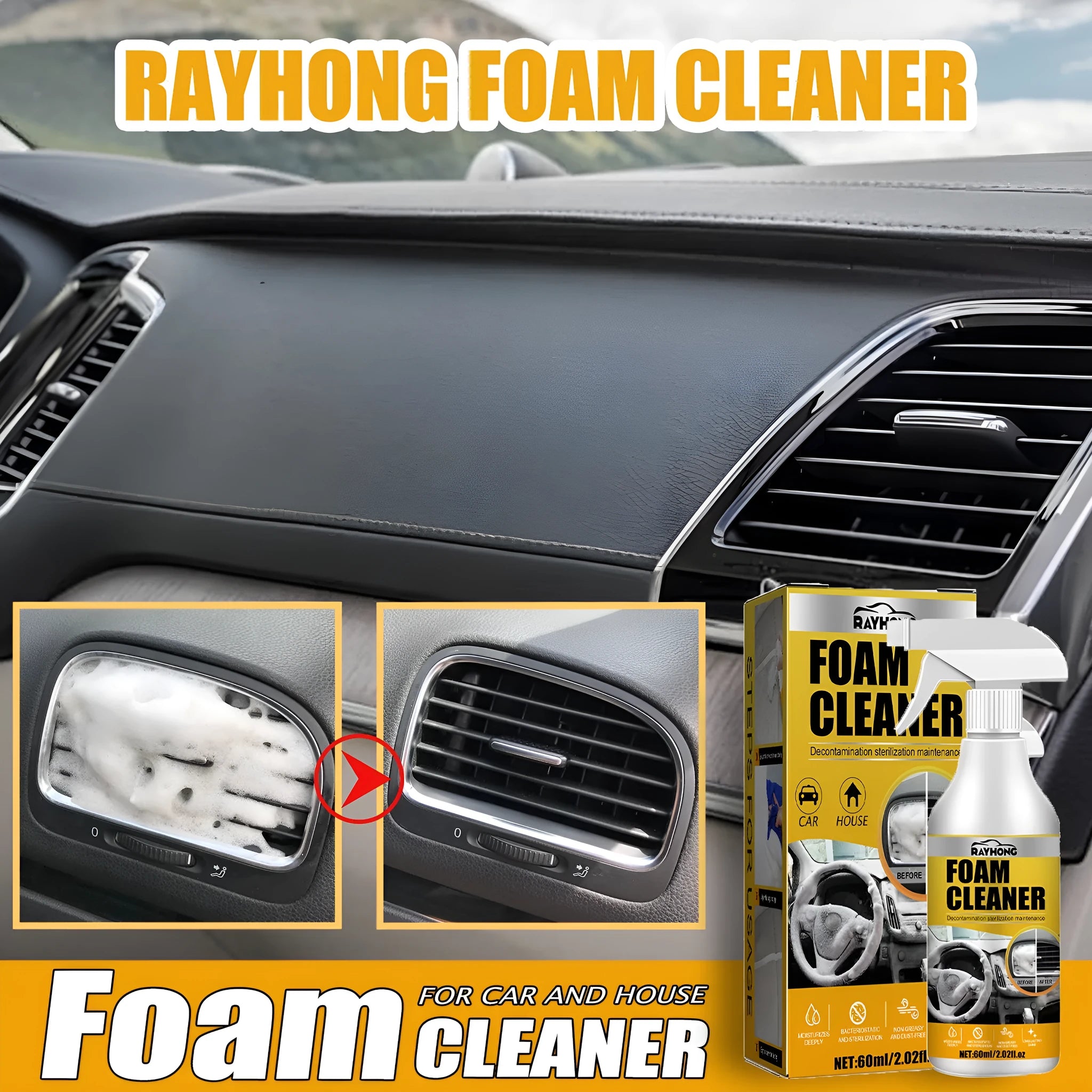 Car interior foamed cleaner bottle and sponge applicator for wash-free upholstery cleaning