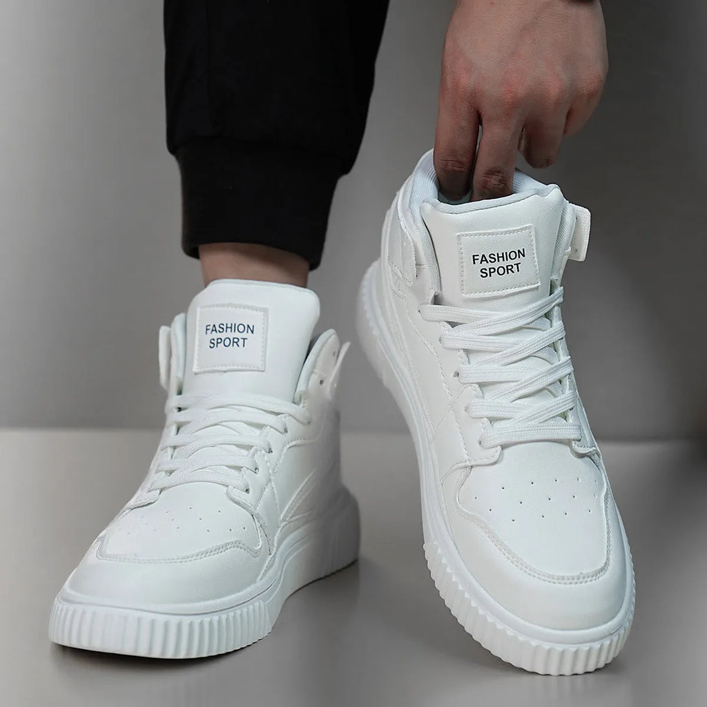 White men's casual microfiber shoes with a round toe, shown on a plain background.