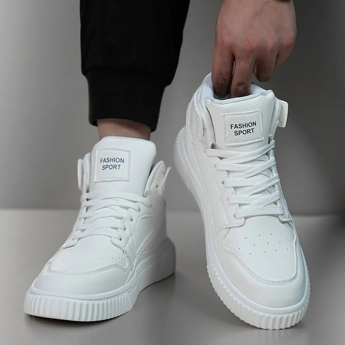 White men's casual microfiber shoes with a round toe, shown on a plain background.