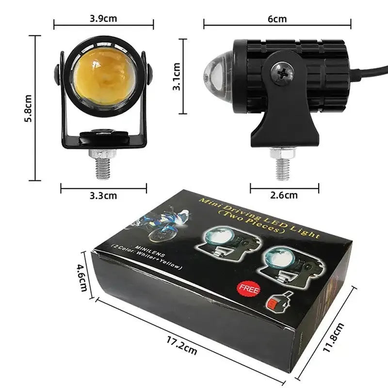 Aluminium and PC dual-lens motorcycle spotlight with white or yellow light, dimensions 6cm x 6cm x 7cm.