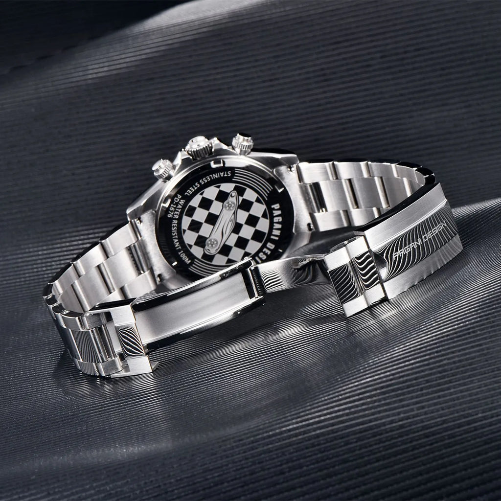 Berjani men's stainless steel chronograph watch with black dial and metal bracelet.