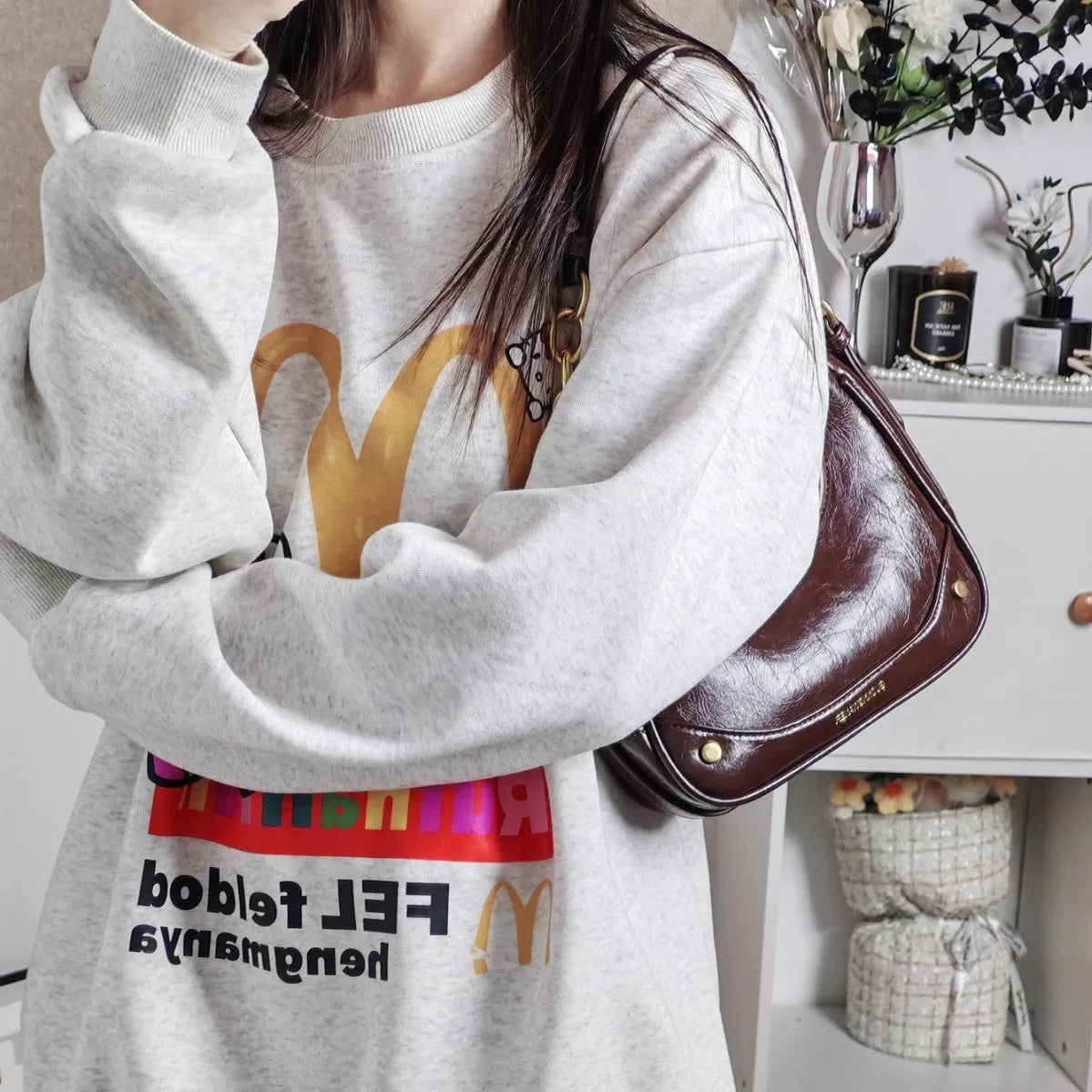 Wine red PU crescent underarm bag with chain strap and horizontal square shape for women's daily use