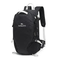 Black waterproof outdoor hiking backpack with physiological curve back plate, shown folded and unfolded.