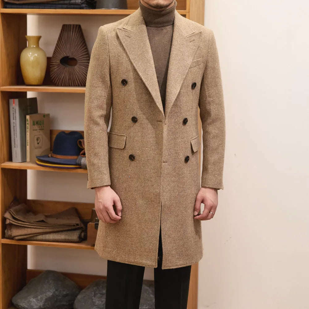 Brown men's double breasted slim jacket with side seam pockets and straight hem