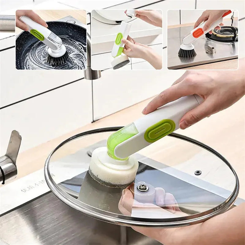 Long-handle kitchen cleaning brush with liquid dispenser and two brush heads in white and green
