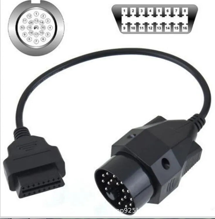 BMW 20-pin male to standard 16-pin OBD2 female diagnostic adapter cable on a workshop bench.