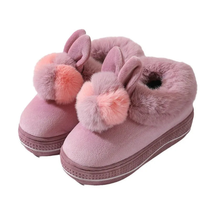 Grey plush winter high heel slippers with thick TPR sole for women