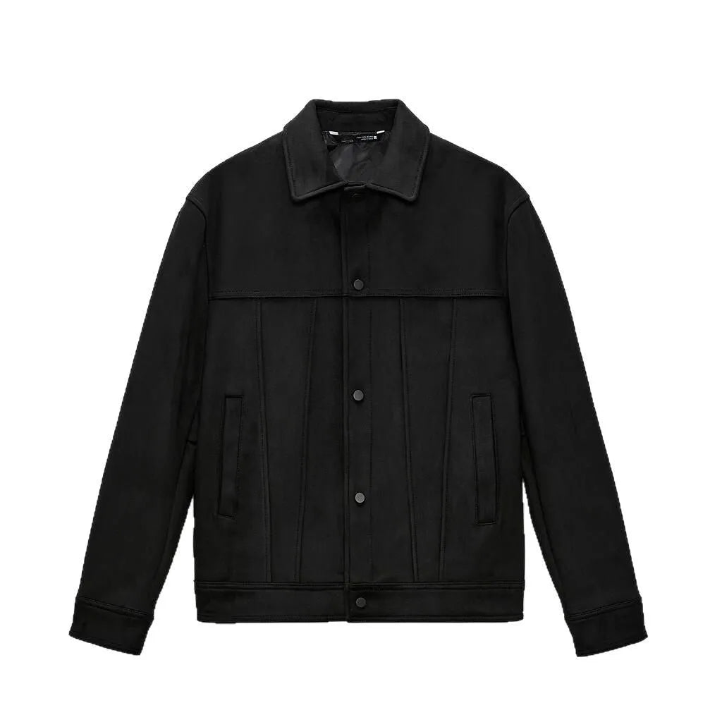 Men's black hooded casual jacket with suede collar and side seam pockets