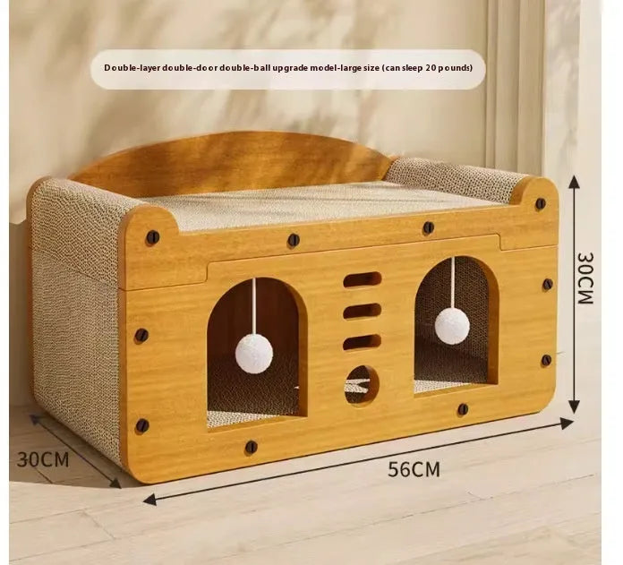 Corrugated paper double layer cat house with dual doors in extra large 30cm size