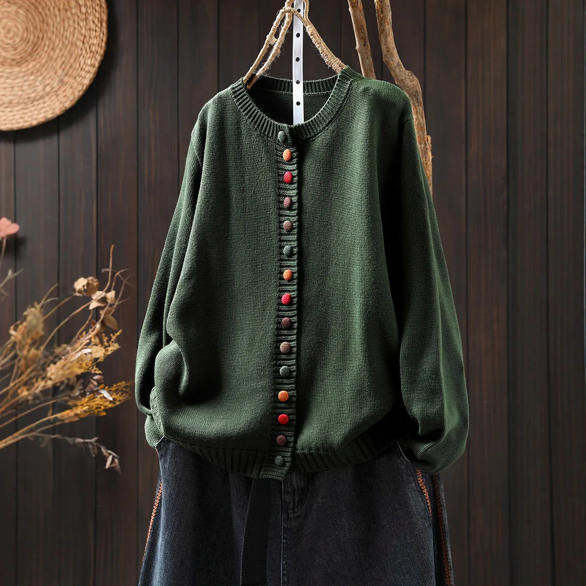 Women's loose-fitting long sleeve button cotton spandex cardigan in art retro style various colours