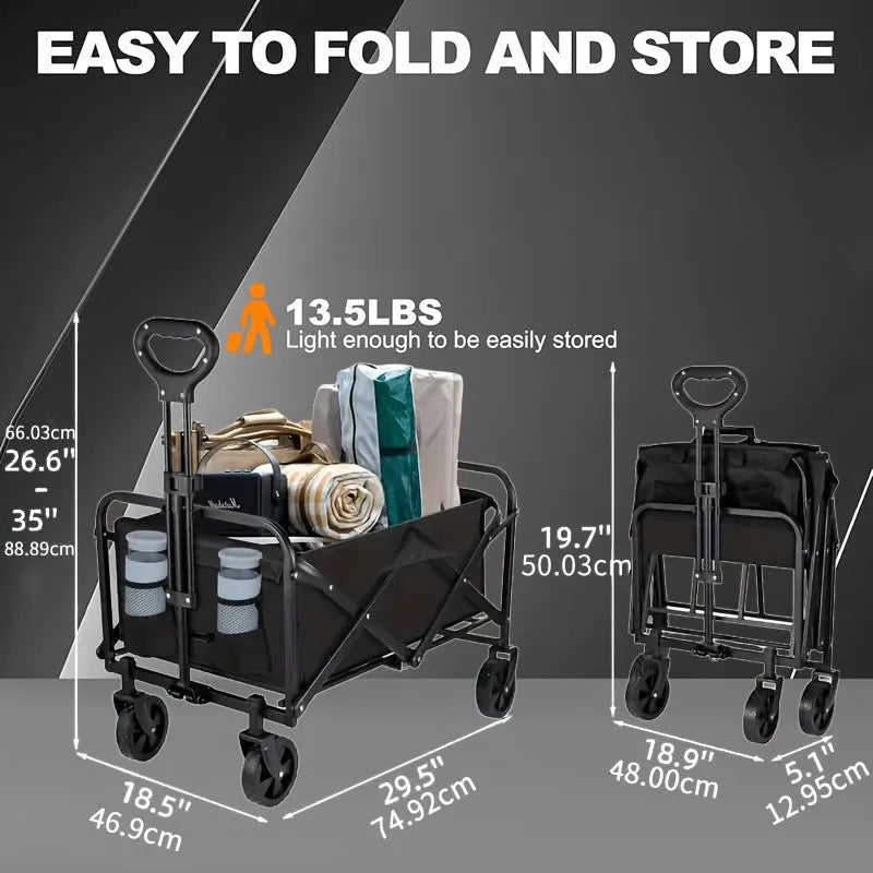 Heavy-duty metal foldable garden wagon cart with integrated storage box, shown collapsed and unfolded.
