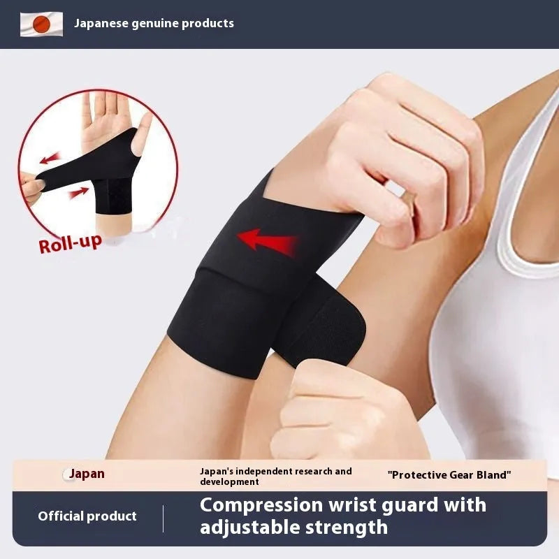 Adjustable black athletic wristguard for wrist support during sports like badminton and tennis.