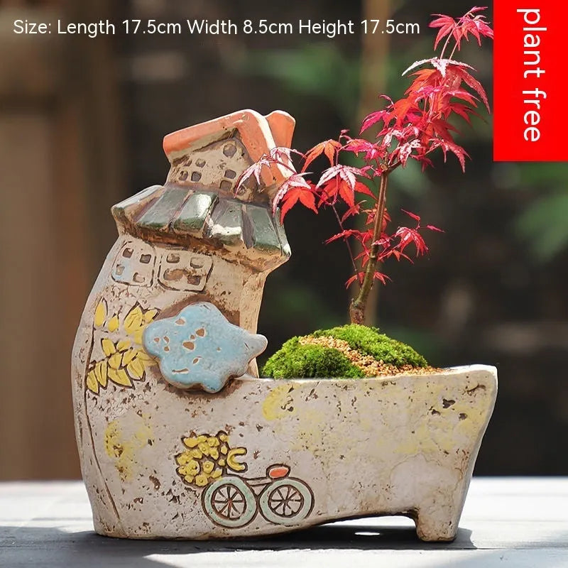 Handmade ceramic combination flower pot with hand-painted pastoral design for succulents