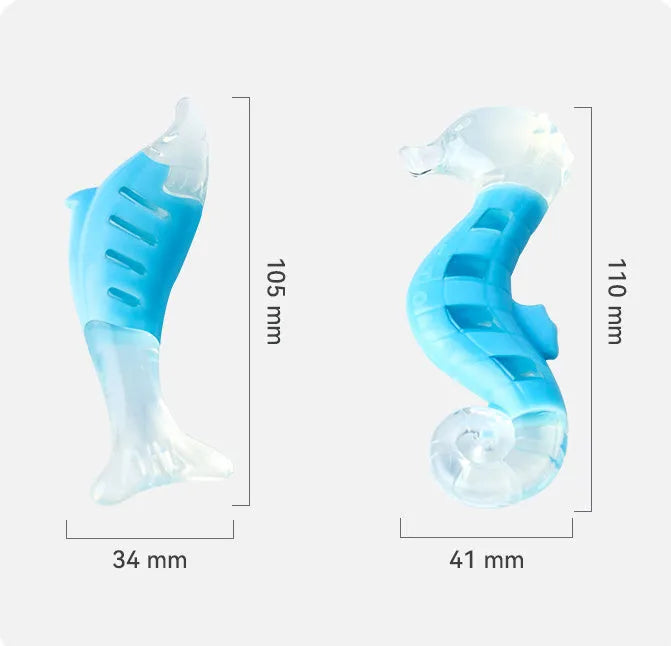 Two dog chew toys - seahorse and tuna shapes - made from soft PU nylon material