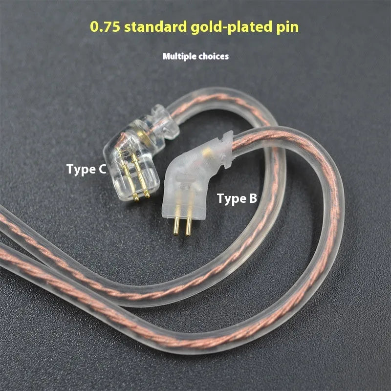 KZ high purity oxygen-free copper double pin earphone replacement cable in transparent black, Type B or Type C with or without wheat