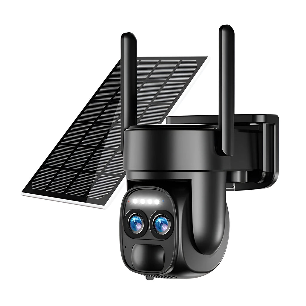 Solar security camera with 8x zoom lens, solar panel, and 4G/WiFi connectivity options