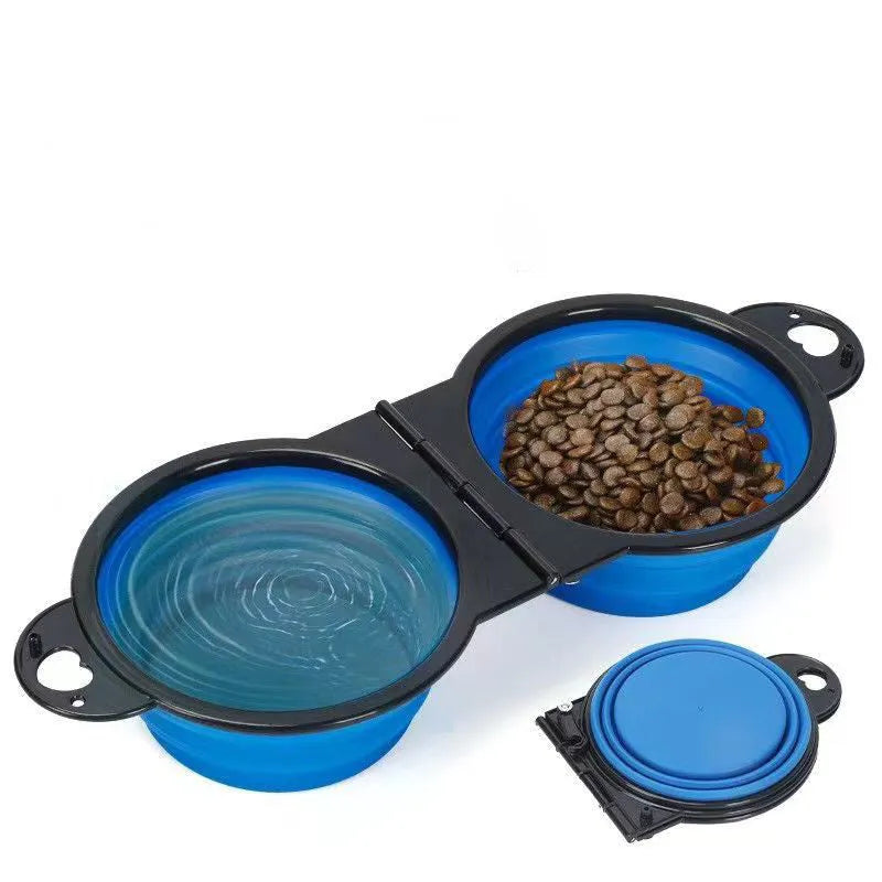 Folding silicone double pet bowl shown in expanded and collapsed positions with anti-slip base