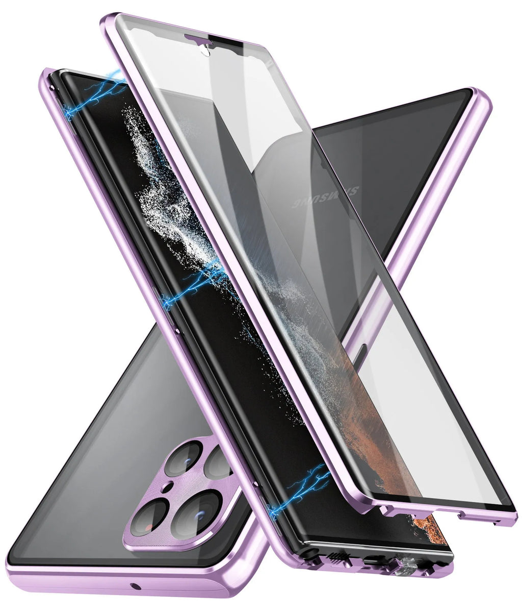 Samsung S24 Ultra magnetic phone case with integrated mirror in black, showing magnetic ring on back.