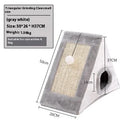 Grey and white triangle cat scratching post with integrated plush bed for cats.