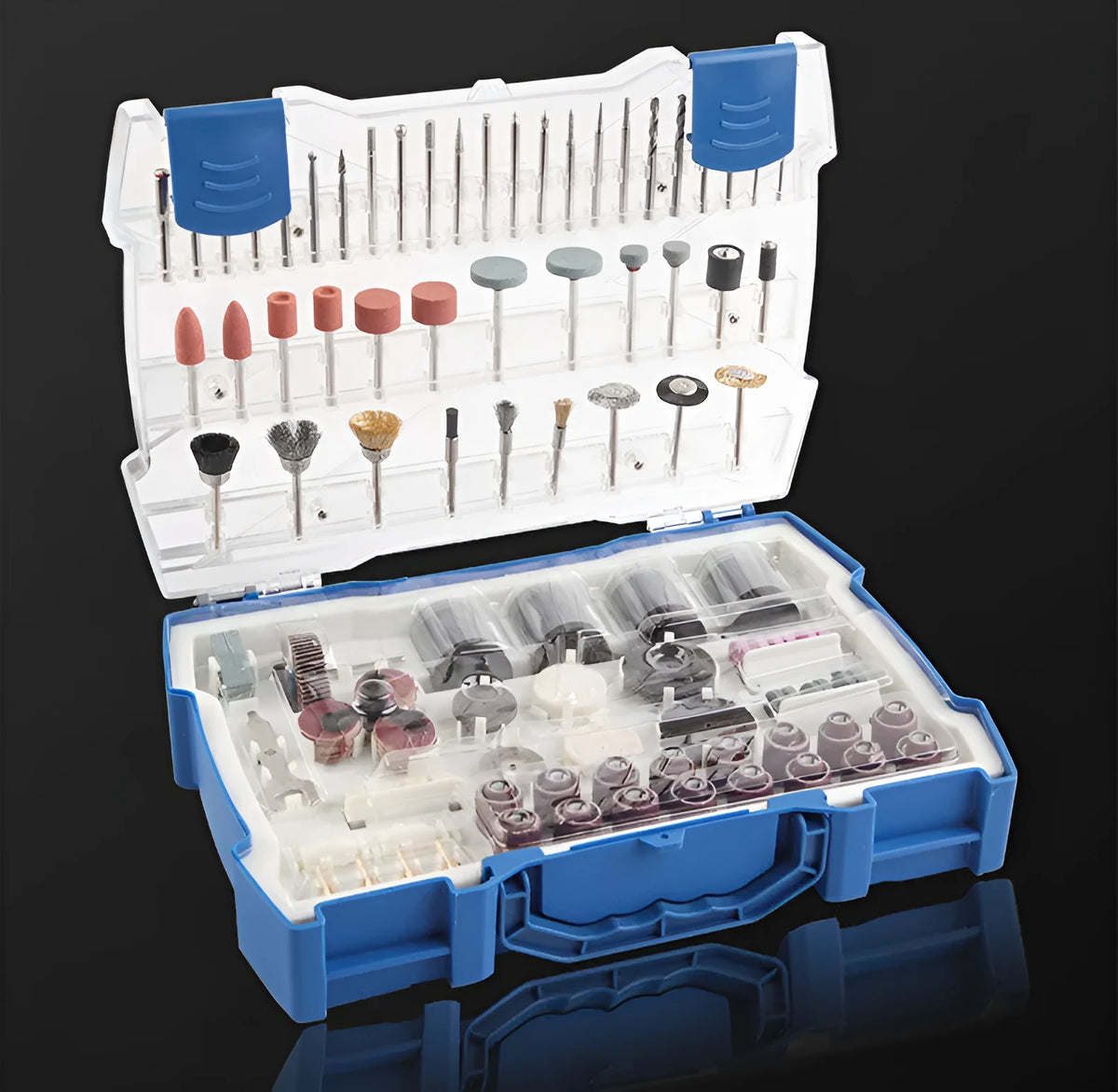 365pc electric grinder accessory set with cutting discs, grinding wheels, sandpaper, and wire brushes in alloy construction