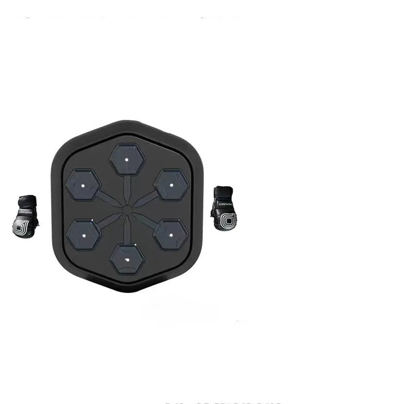 Smart black boxing machine with Bluetooth connectivity and Velcro straps, includes boxing gloves