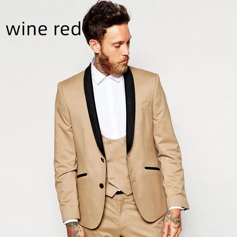 Men's three piece cotton suit set in slim fit with single button jacket and vest in green colour